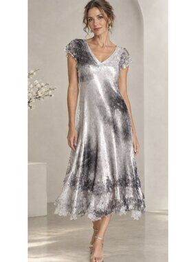 KOMAROV Crinkle Textured Satin Twirl Dress Silver Fairy Feminine Evening Elegant